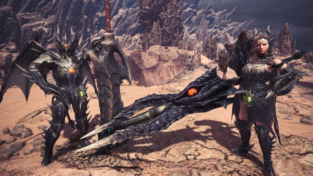 Due cacciatori che indossano l'armatura di Fatalis, la piiù forte di Monster Hunter World e Monster Hunter World Iceborne
