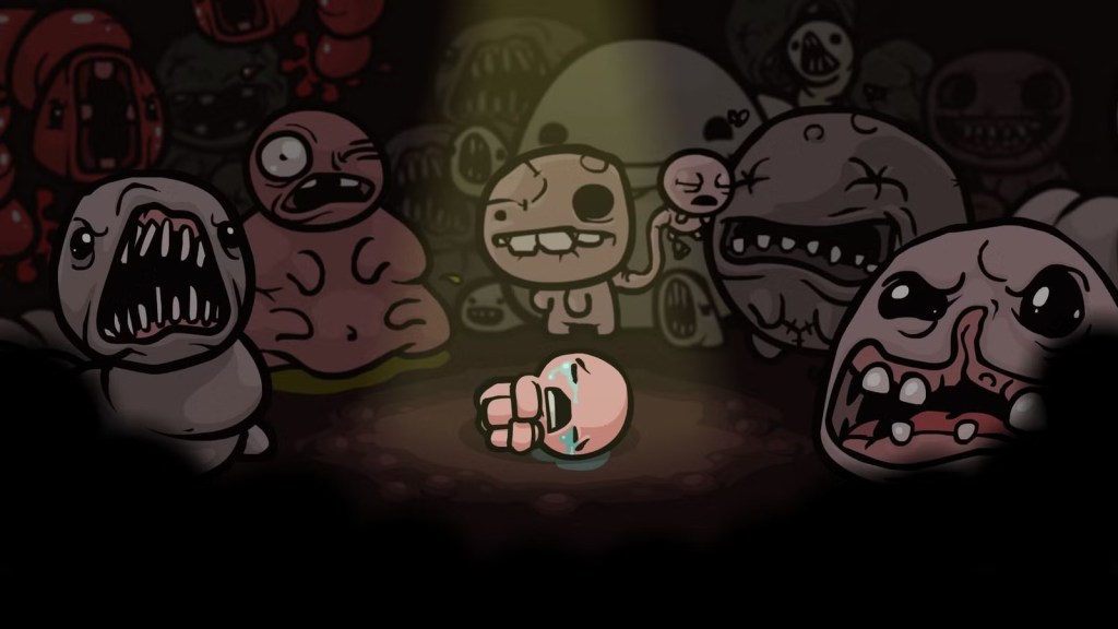 Isaac (da The Binding of Isaac) circondato da boss e creature mostruose