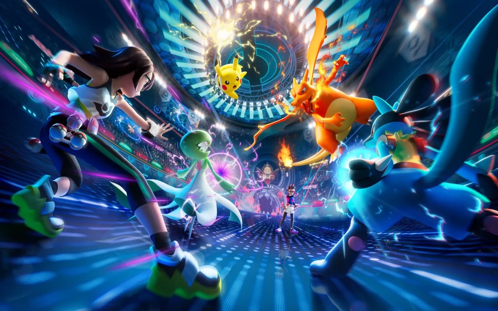 Battaglia competitiva Pokémon Champions arena futuristica con Pikachu, Gardevoir, Charizard e Lucario.