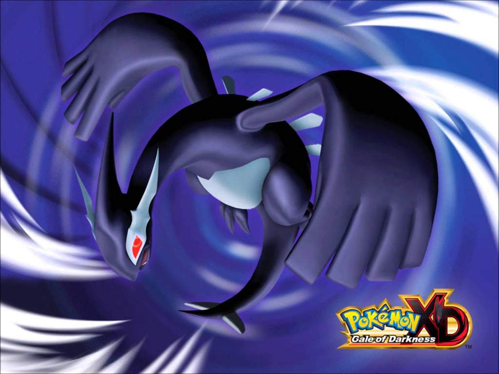 Artwork di Shadow Lugia con occhi rossi che vola verso il basso attraverso un vortice blu turbinante, con il logo di Pokémon XD: Gale of Darkness nell'angolo.