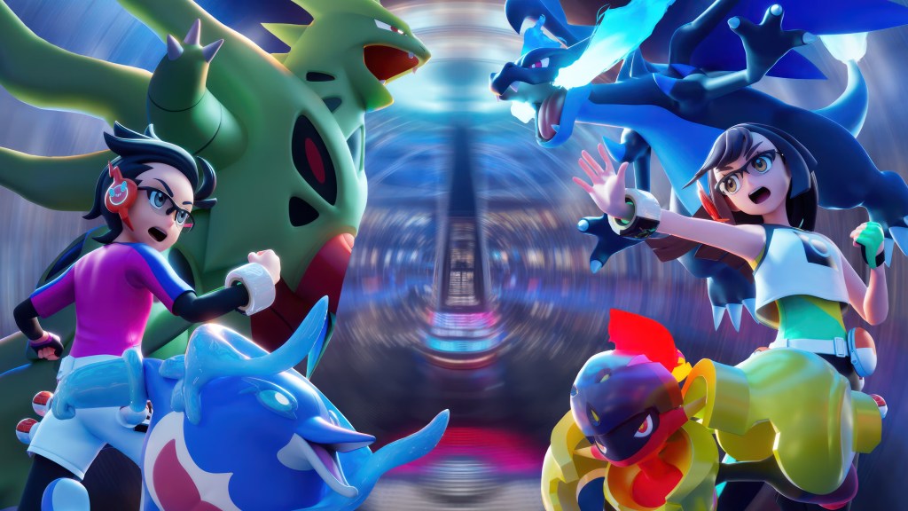 Allenatori Pokémon Champions sfida con Mega Tyranitar Mega Charizard X Armarouge e Palafin.