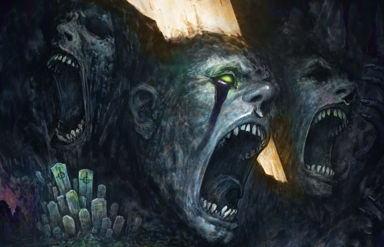 Un'immagine di Memolith: Forsaken By Light che mostra l'estetica cupa del gioco e i mostri inquietanti con bagliori verdi.