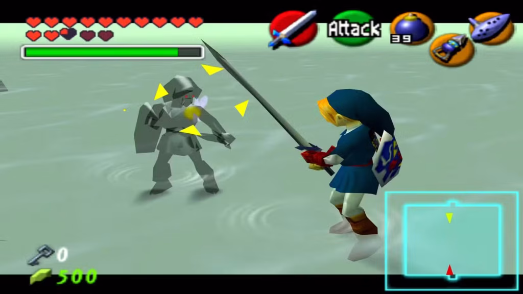 Scontro tra Link e il boss d'ombra Dark Link nel Tempio dell'Acqua nella versione classica di Ocarina of Time