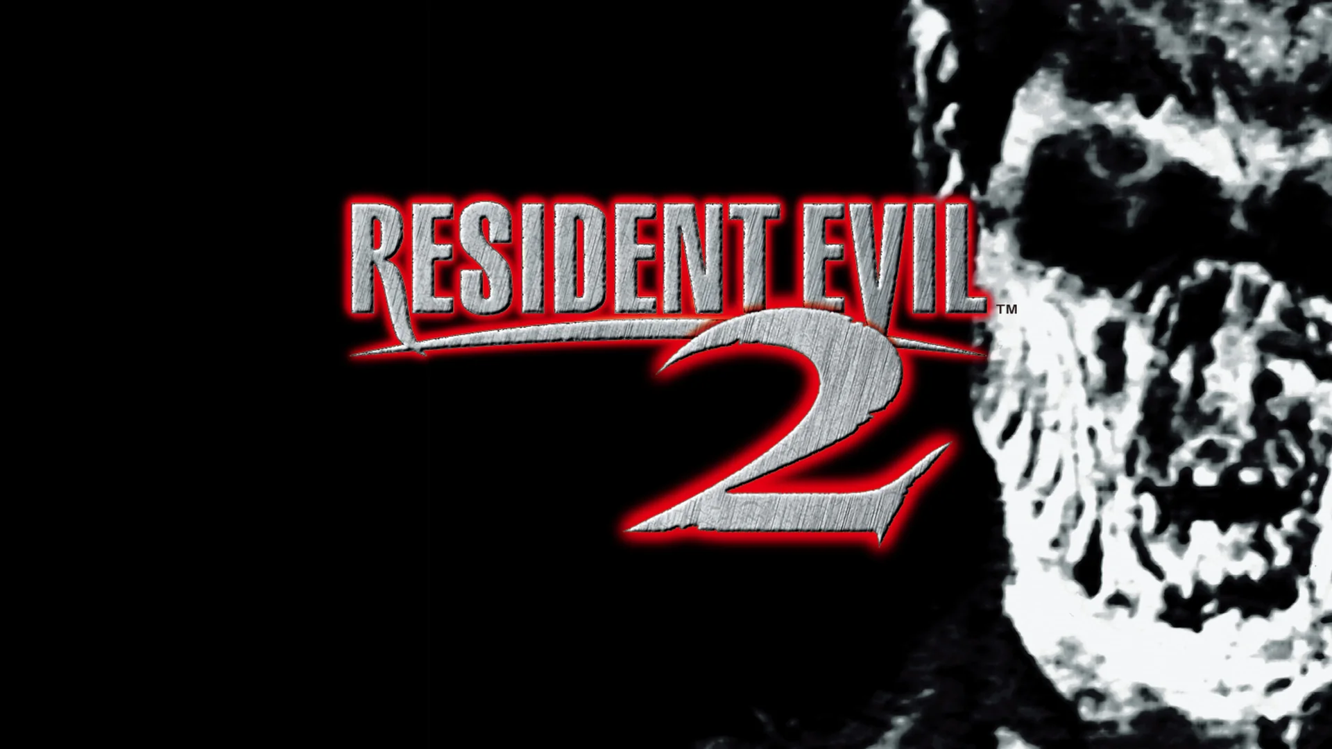 Logo di Resident Evil 2 su sfondo nero con un volto/zombie in bianco e nero sulla destra